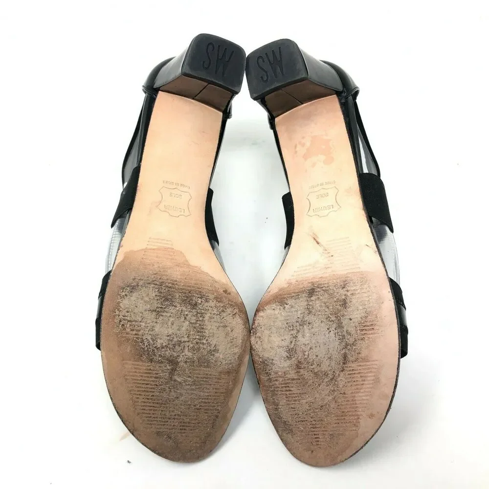 Stuart Weitzman‎ Strappy Sandal Womens 8.5 Elastic Black Patent Chunky Heel